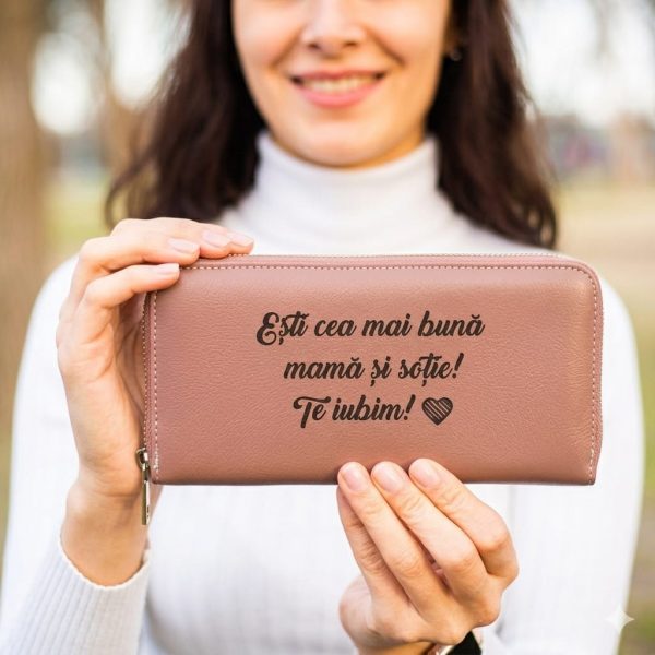 Portofel piele dama personalizat cu poza - text